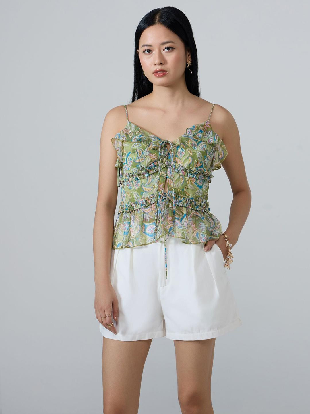 20Dresses Women Shoulder Straps Paisley Printed Ruffles Chiffon Top