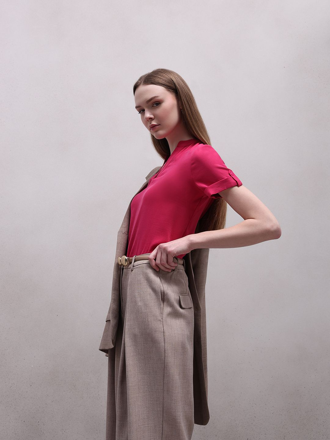 Vero Moda Jolly SS Women Cherry Red Mandarin Collar Roll-Up Sleeves Top