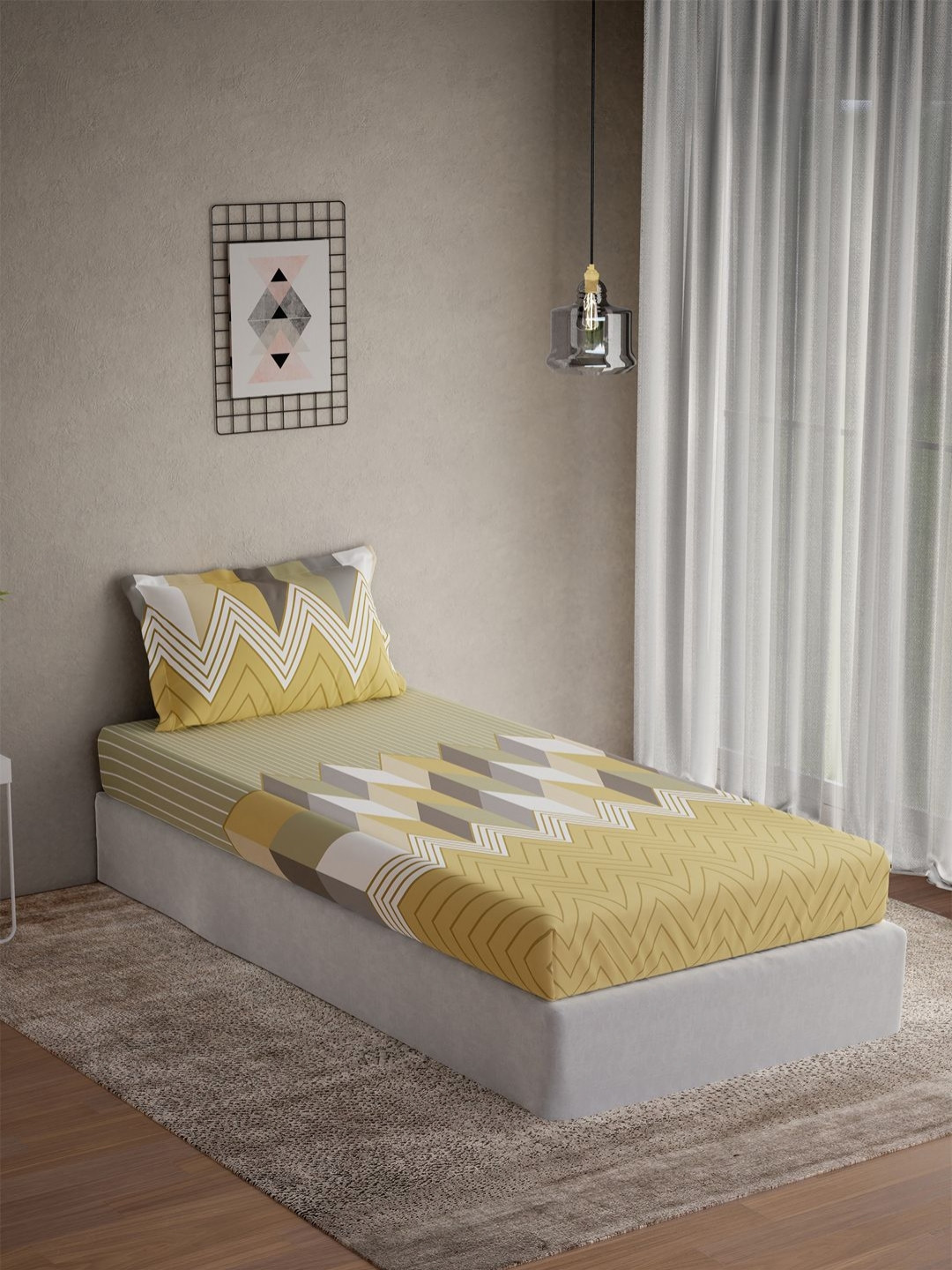 DDecor Vega Yellow Geometric Cotton 144 TC Single Bedsheet Set-1.52 m X 2.24 m