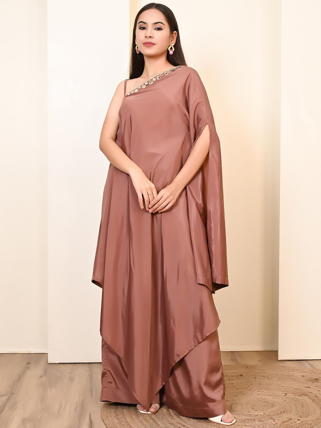 ANISH BY AHINSA Embellished One-Shoulder Kaftan Tunic & Trousers Co-Ord Set