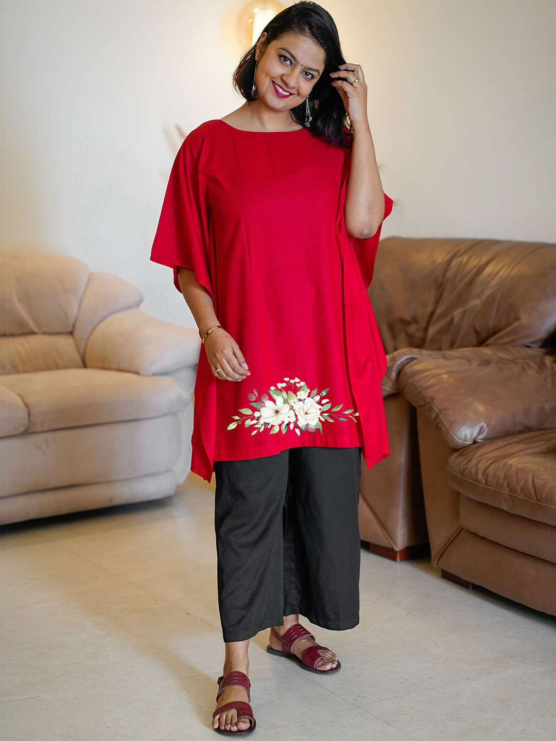 LetsDressUp Women Floral Printed Red Kaftan Kurta