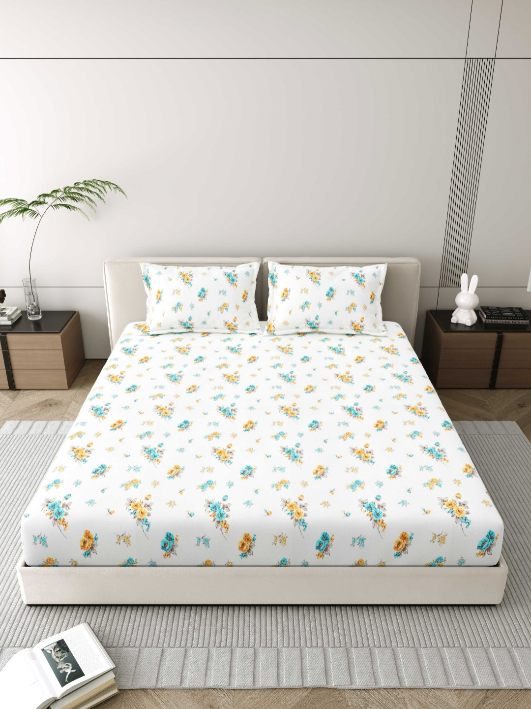 MAFATLAL Spring Glory White Floral Pure Cotton 186 TC Super King Bedsheet Set-2.74mx2.74m