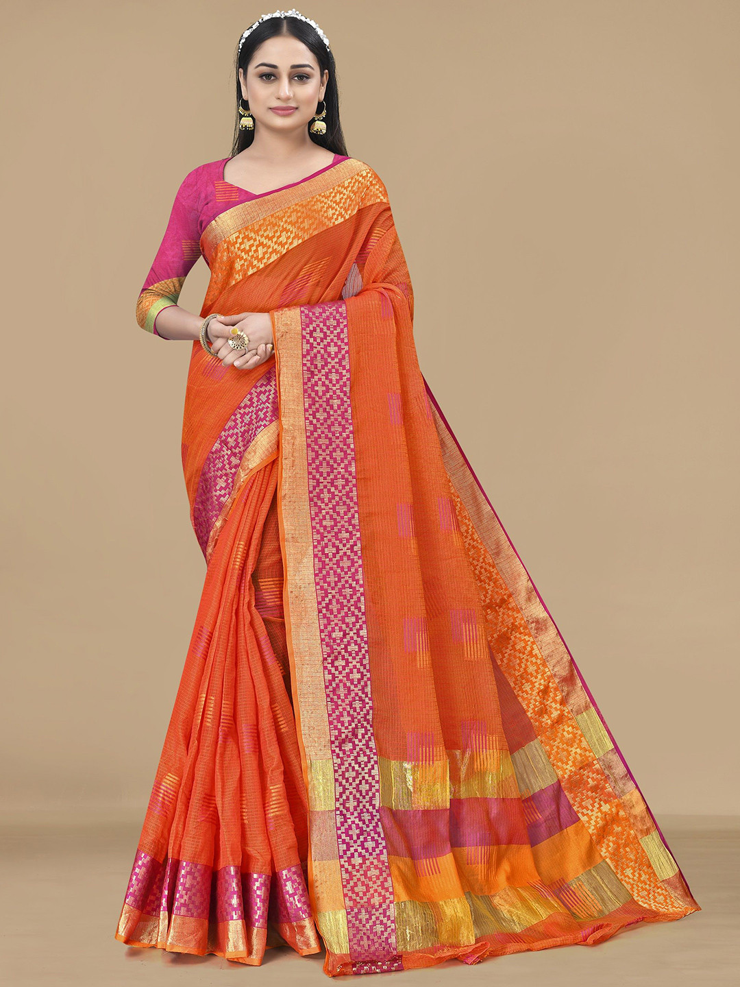 Moda Rapido Geometric Woven Design Zari Patta Saree