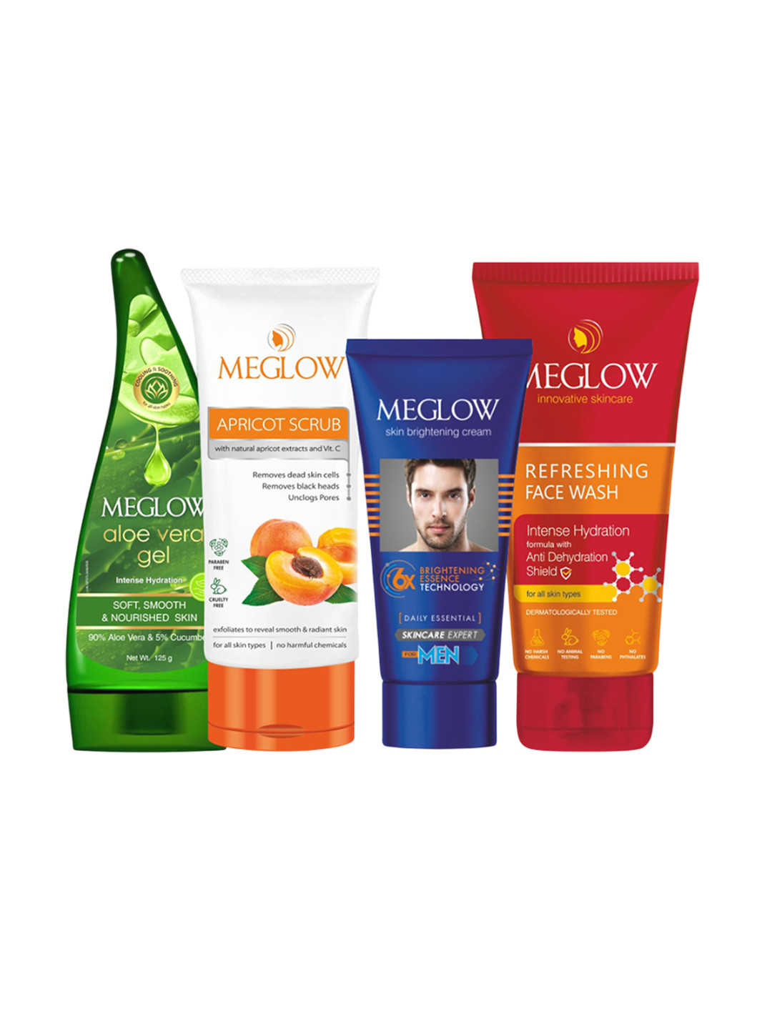 MEGLOW Set Of 4 Aloevera Gel- 125 g- Apricot Scrub- 70 g- Cream- 50 g & Face Wash- 70 g
