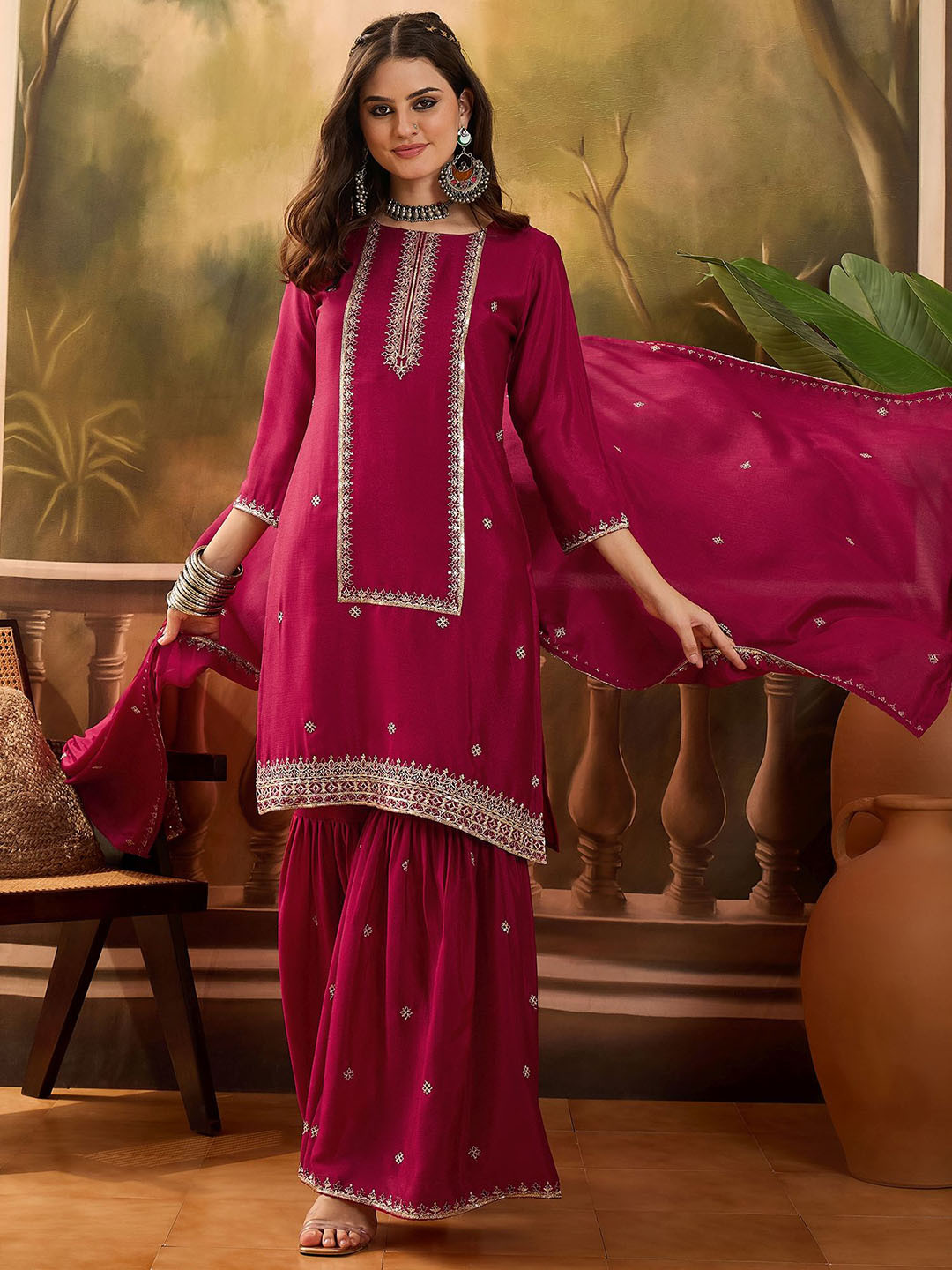 Sangria Embroidered Kurta with Sharara & Embroidered Dupatta Sets