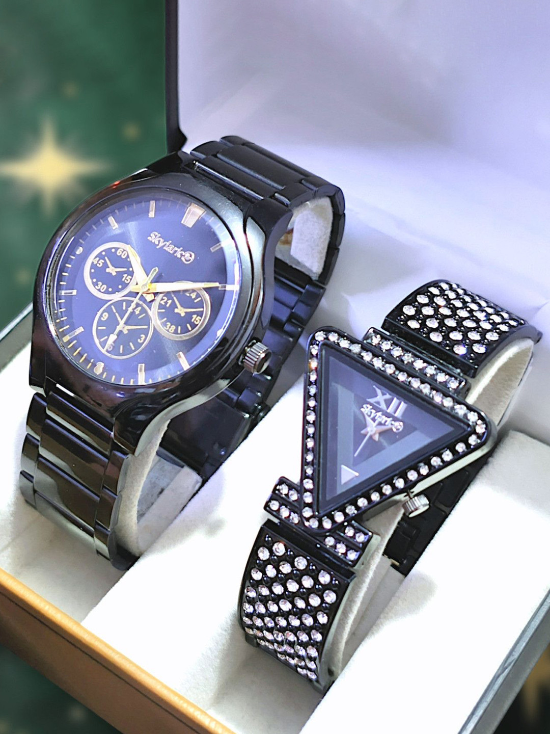 Skylark Set Of 2 His and Her Bracelet Style Analogue Watch Sky_blackCrono_Tringle_black_s