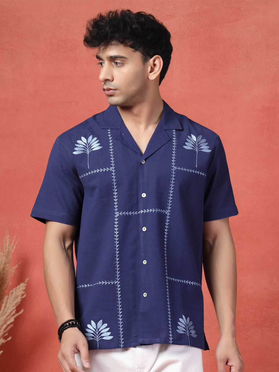 Ramas Classic Fit Floral Embroidered Cuban Collar Cotton Casual Shirt