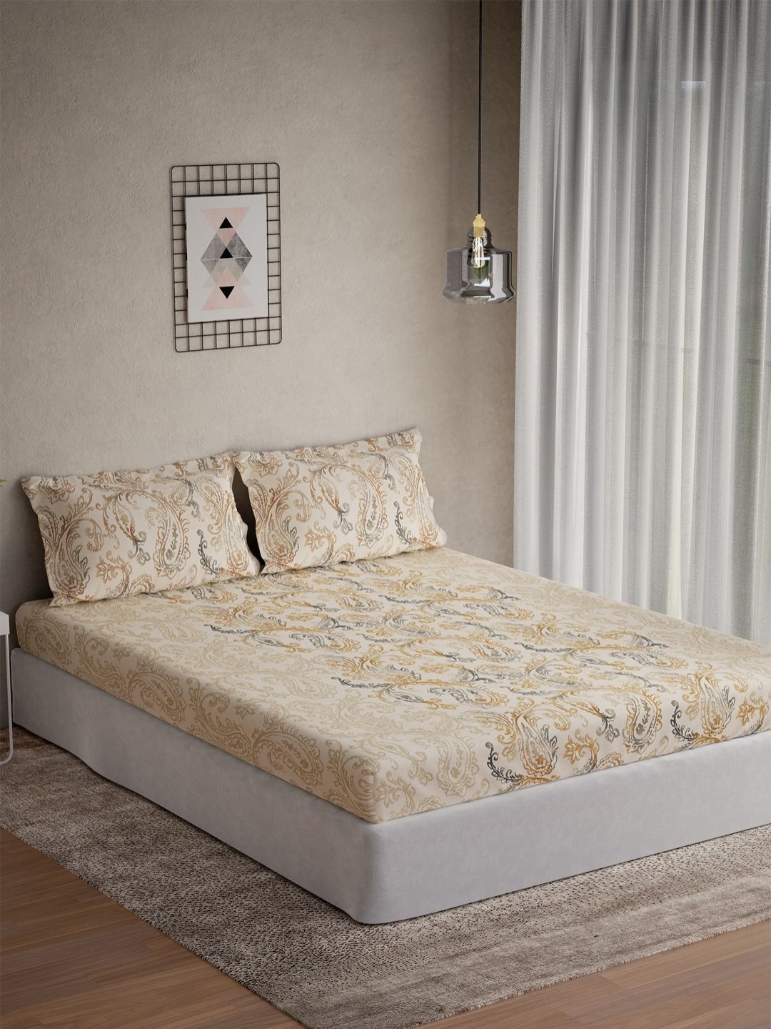 DDecor Vega Beige Ethnic Motifs Cotton 144 TC Double Queen Bedsheet Set-2.24 m X 2.54 m