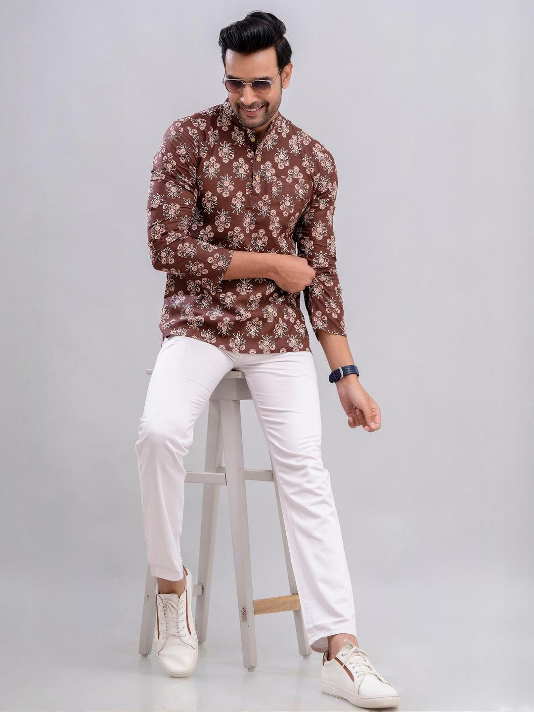 MissKurti Men Standard Fit Floral Printed Mandarin Collar Cotton Casual Shirt