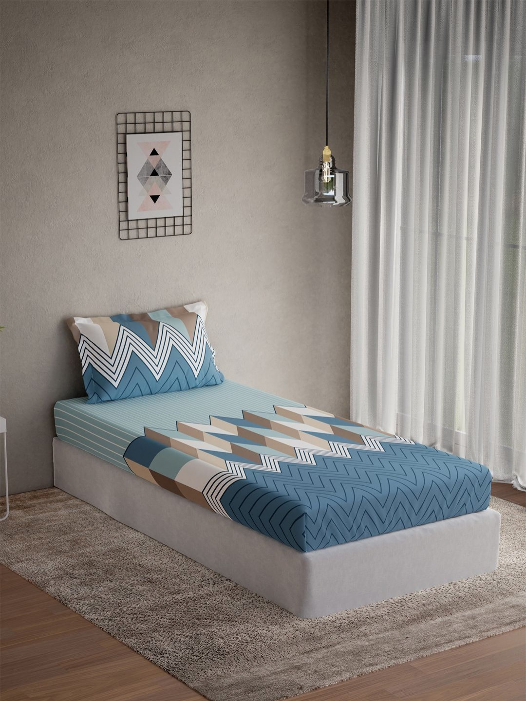 DDecor Vega Blue & White Printed Cotton 144 TC Single Bedsheet Set 2.24 m x 1.52 m