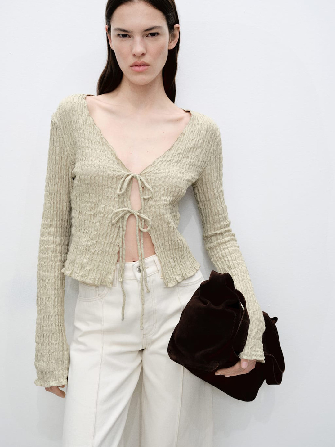 MANGO Flared Sleeve Front Tie-Up Seersucker Top
