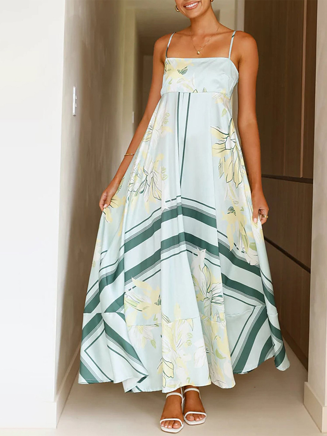 LULU & SKY Women Floral Printed Shoulder Straps Empire Silhouette Maxi Dress