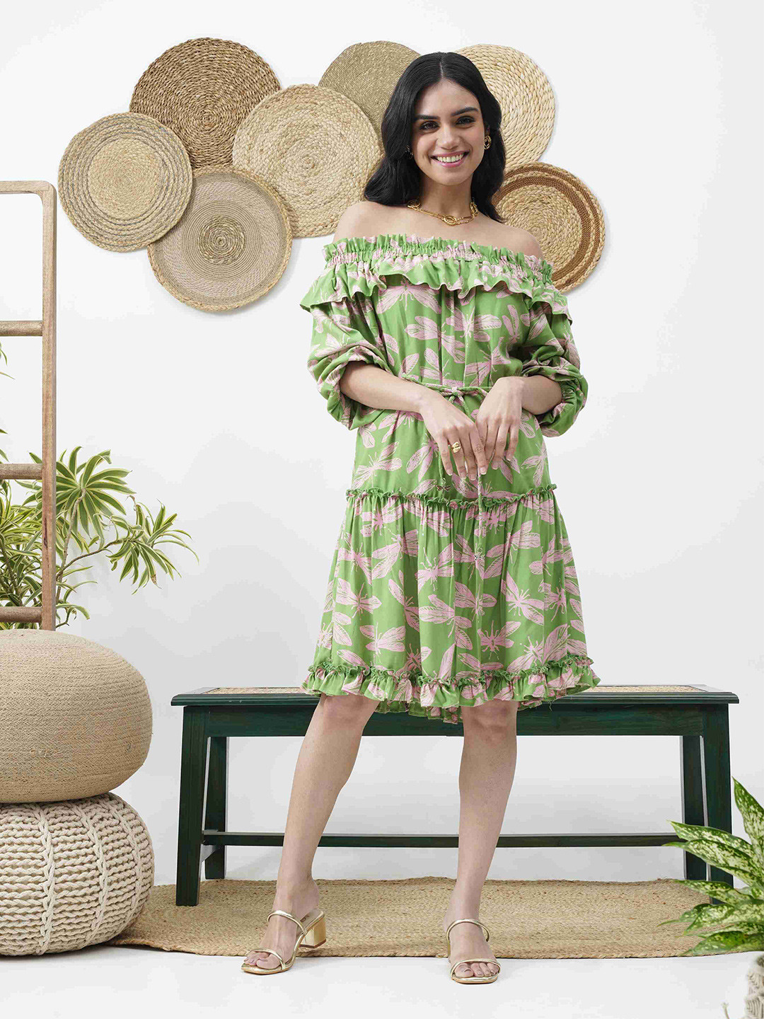 Luxe Weaves Dragonfly Printed Off-Shoulder Tiered Ruffled Fit & Flare Dress