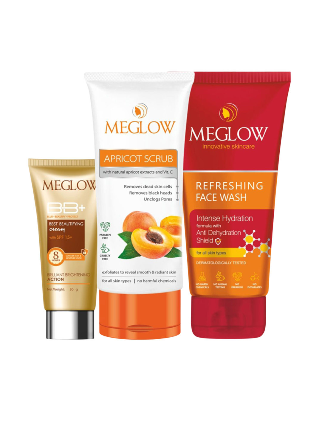 MEGLOW Set Of 3 BB+ Cream SPF 15+ - 30 g, Apricot Scrub & Refreshing Face Wash - 70g Each