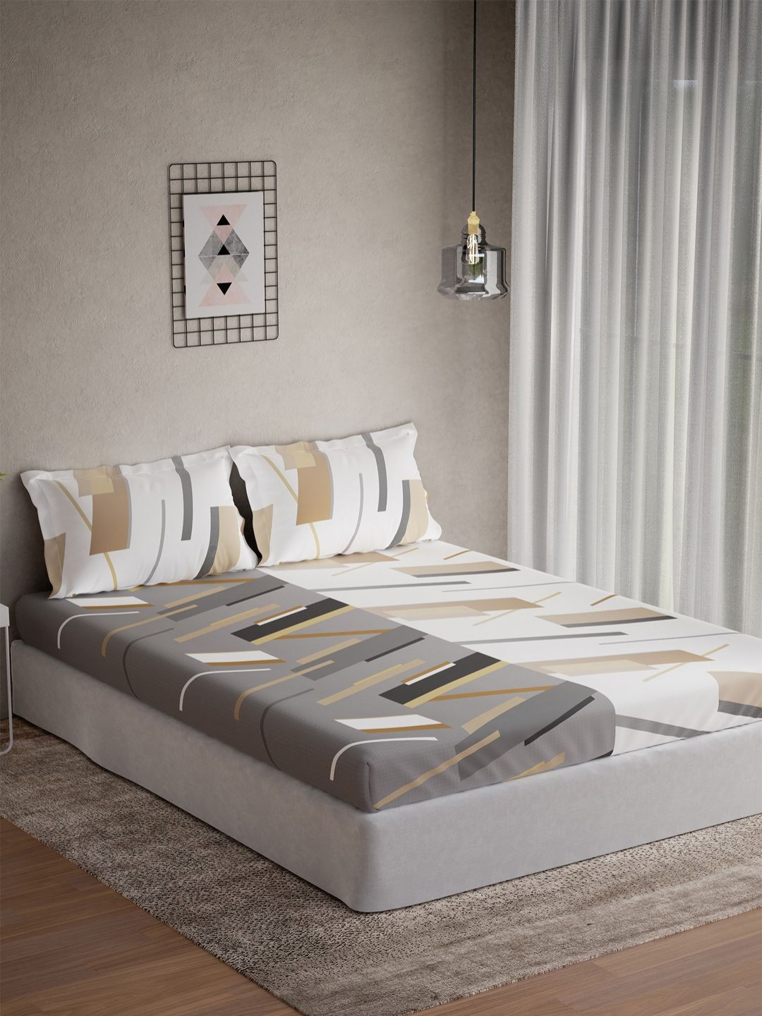 DDecor Omega Collection Grey Geometric Cotton 145TC King Bedsheet With 2 Pillow Covers