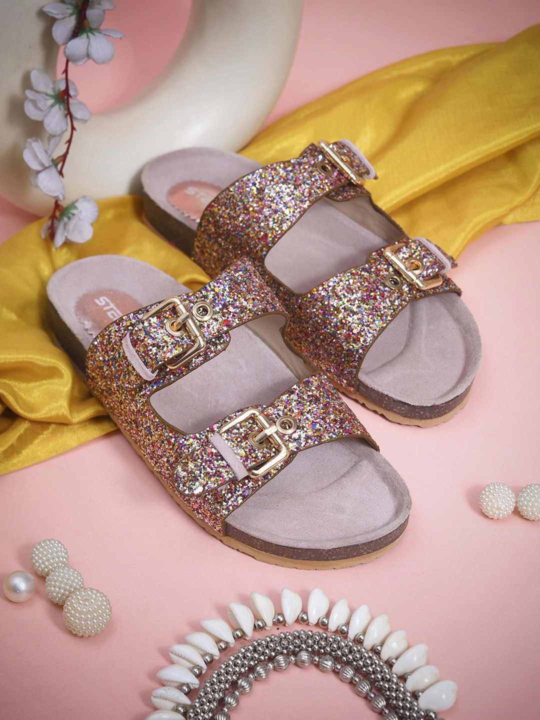 STEPT6 Women Sparkle Embellished Open Toe Slides