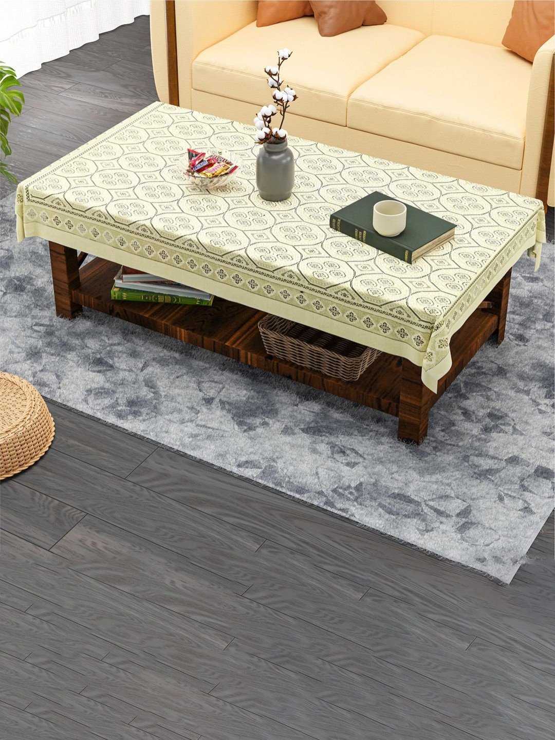 Aura Galaxy 4 Way Design Cream Floral Printed Anti-Skid Cotton 4-Seater Table Cover