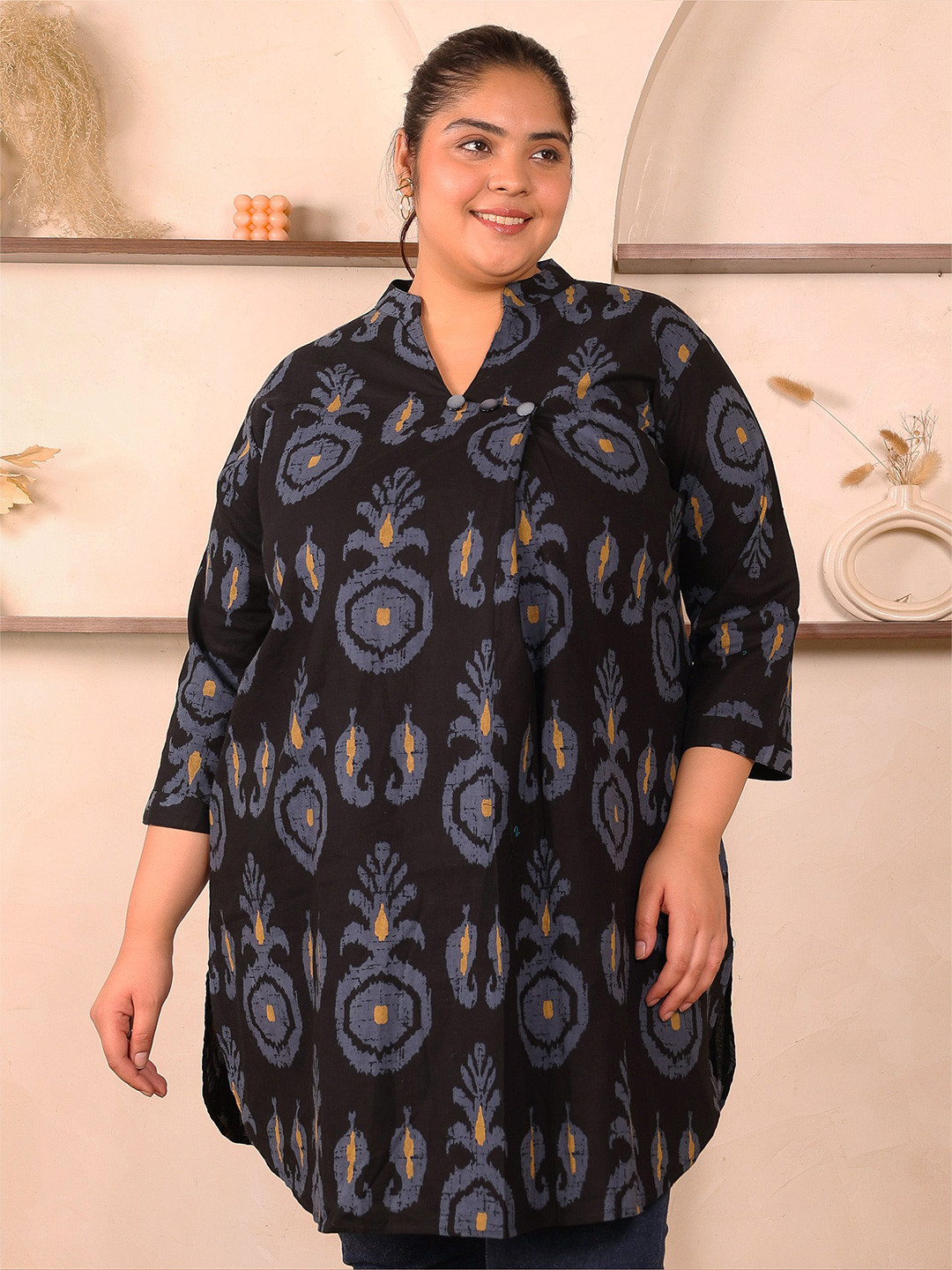 Indietoga Women's Plus Size Motifs Print Cotton Front Pleat Tunic
