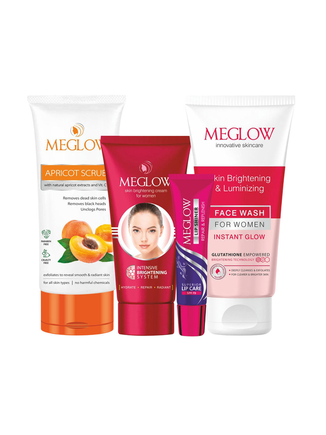 MEGLOW Set Of 4 Fairness Cream-50 g, Face Wash-70 g, Apricot Scrub-70 & Lip Shiner-15 g