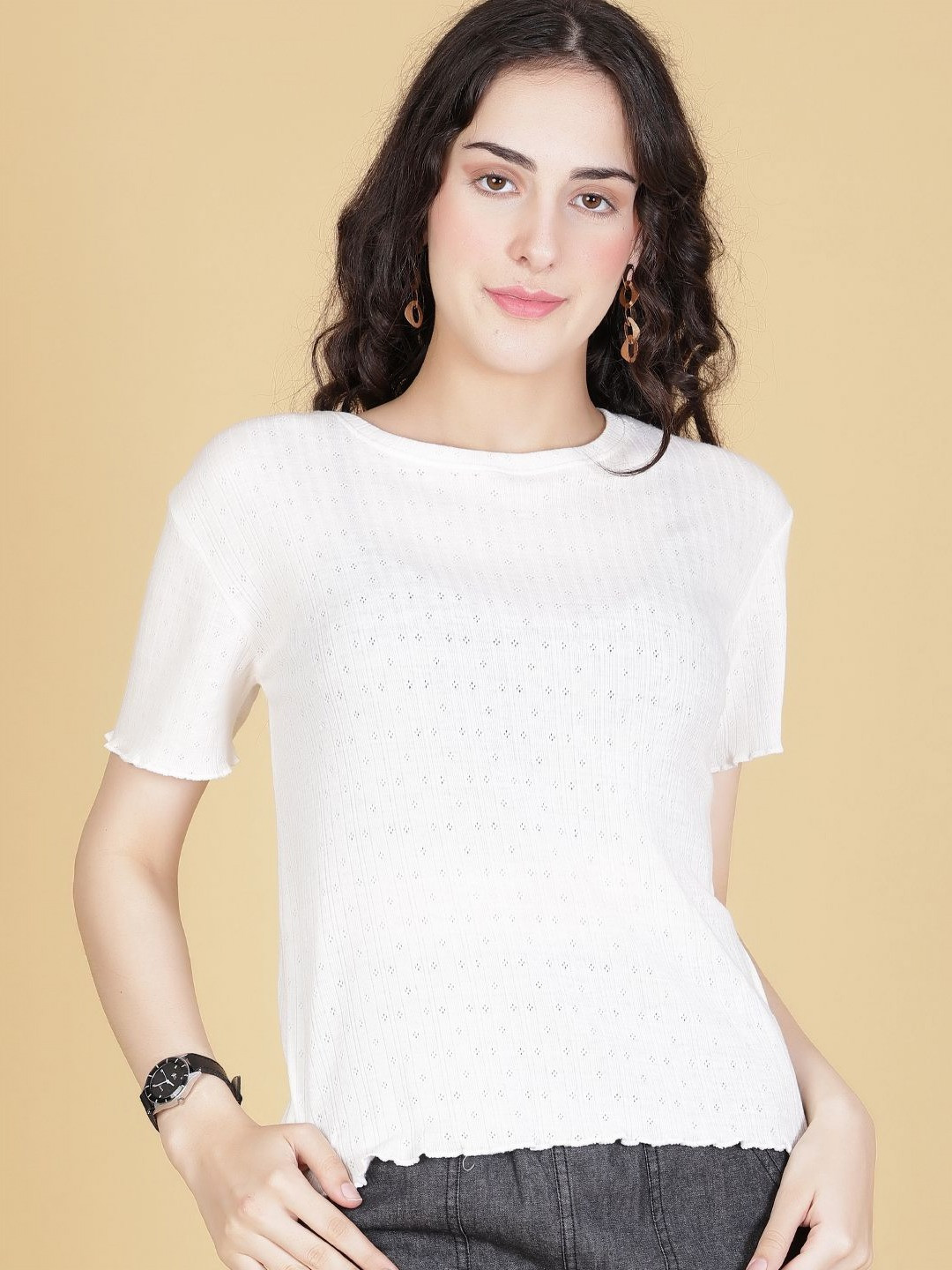V-Mart Textured Cotton Round Neck Boxy Fit T-shirt