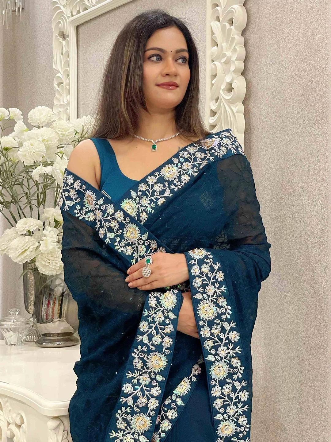 Women Blue Floral Sequin Embroidery Georgette Saree with Unstitched Blouse Piece