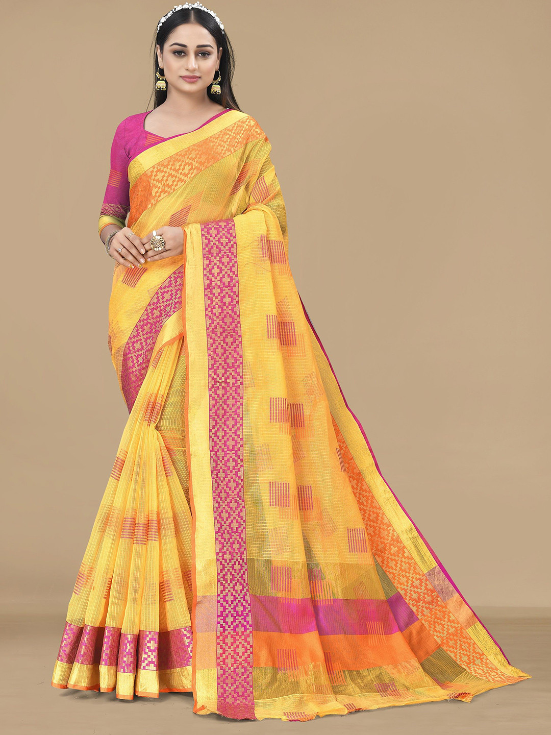 Moda Rapido Woven Design Embroidered Cotton Zari Patta Saree