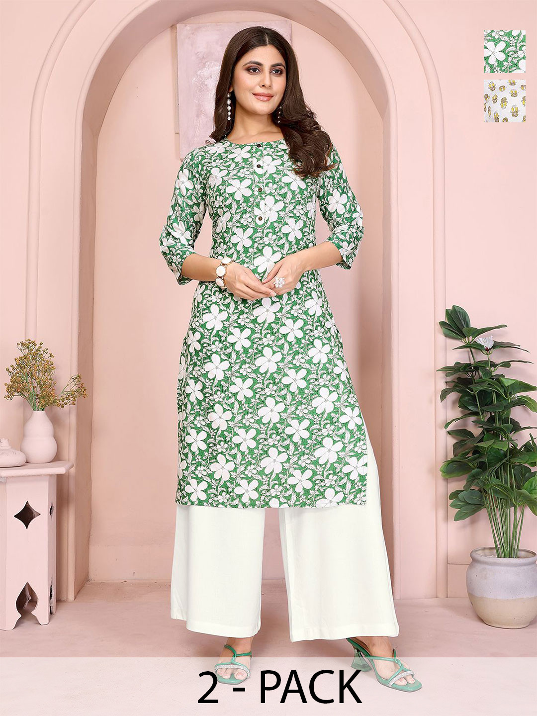 Rangita Collection Of 2 Floral Printed Round Neck Straight Kurtas