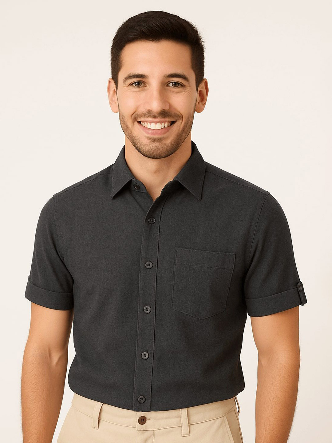 Garment Globe Standard Fit Spread Collar Short Sleeves Cotton Shirt