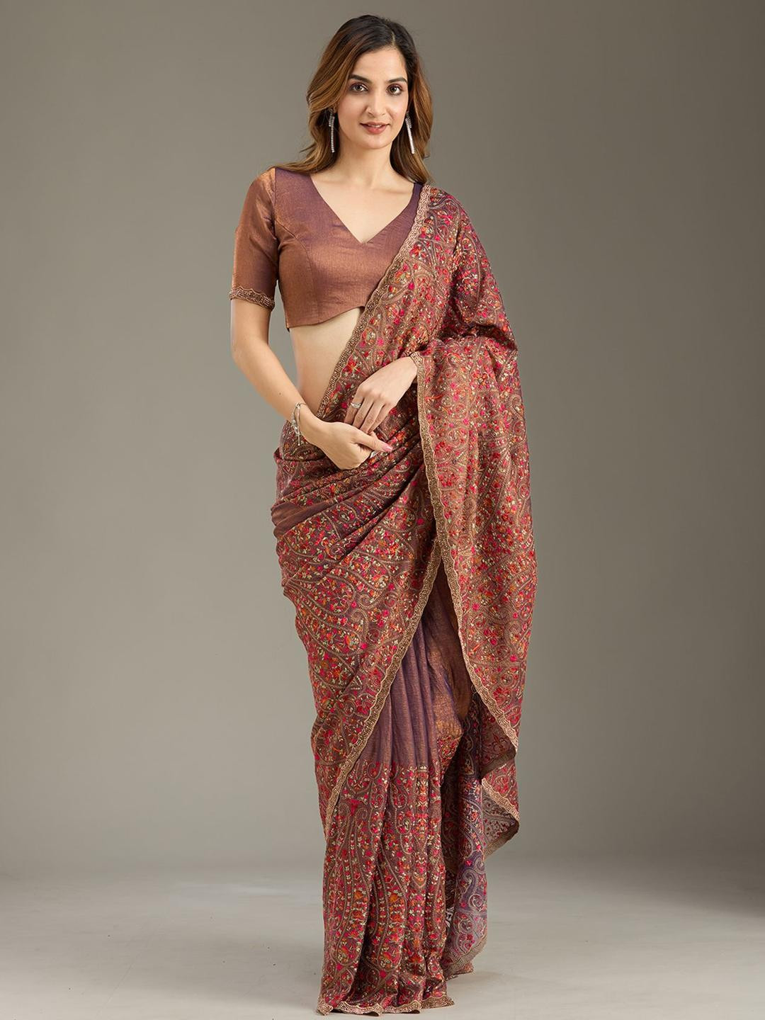Koskii Copper Kashmiri Tissue Saree
