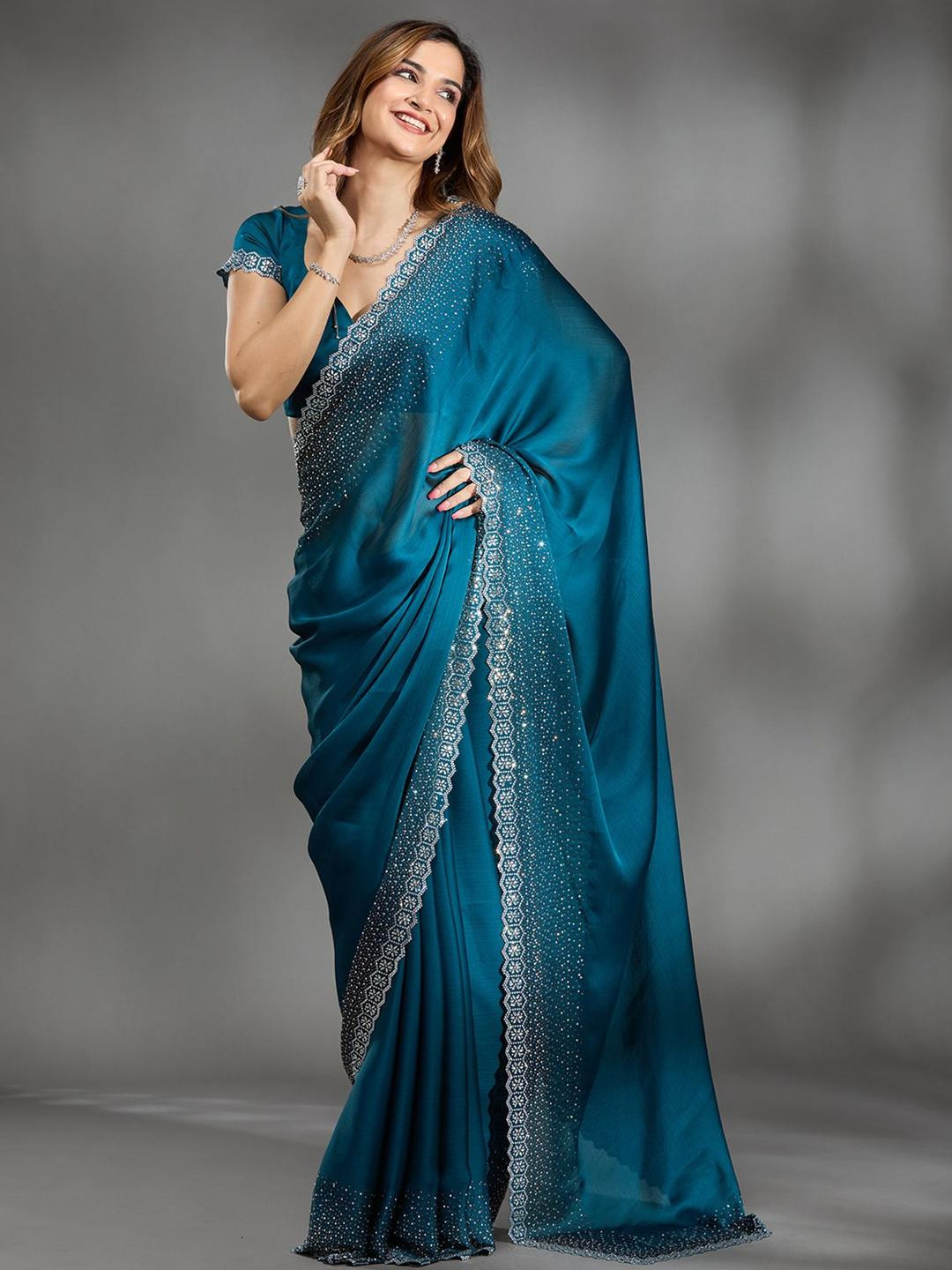Koskii Peacock Blue Stonework Chiffon Saree