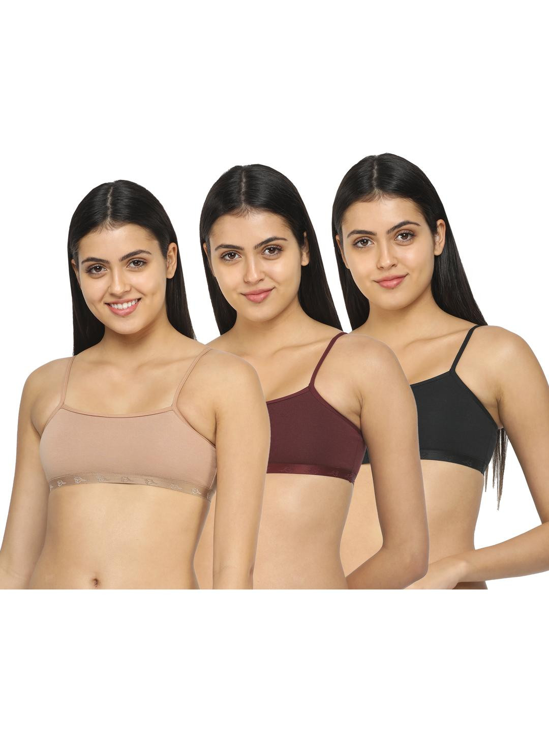 Pack of 3 Non Padded Non Wired Cotton Spandex Adjustable Straps Women Beginners Bra