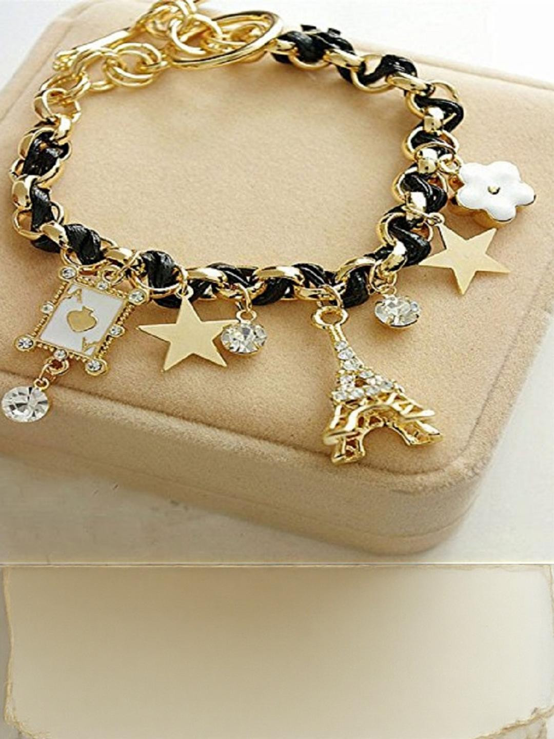 TheVineGirl Women Black Studded Eiffel Tower Star Charms Adjustable Bracelet