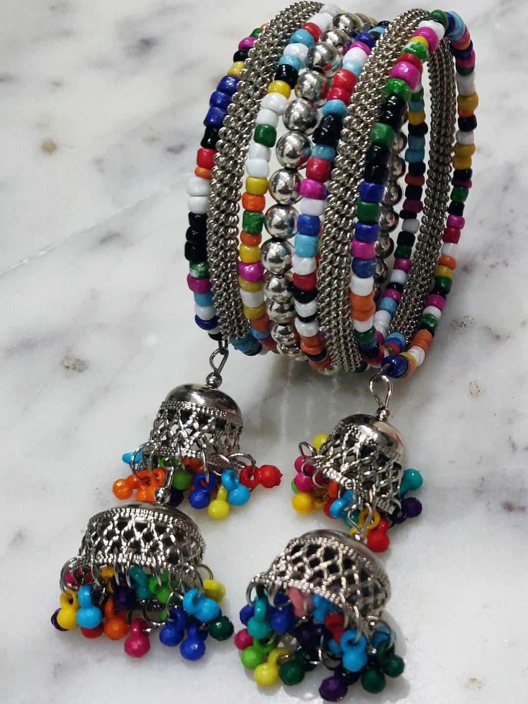 Grace Collections Women Silver-Plated Multi-Coloured Beads Jhumka Hanging Bracelet