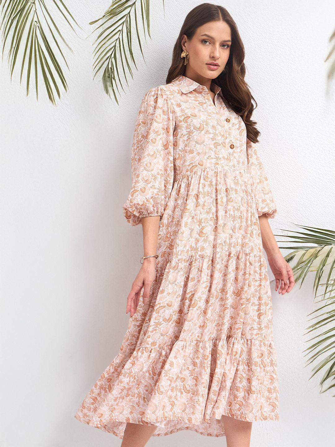DressBerry Floral PrintedPuff Sleeve Layered Fit & Flare Midi Dress