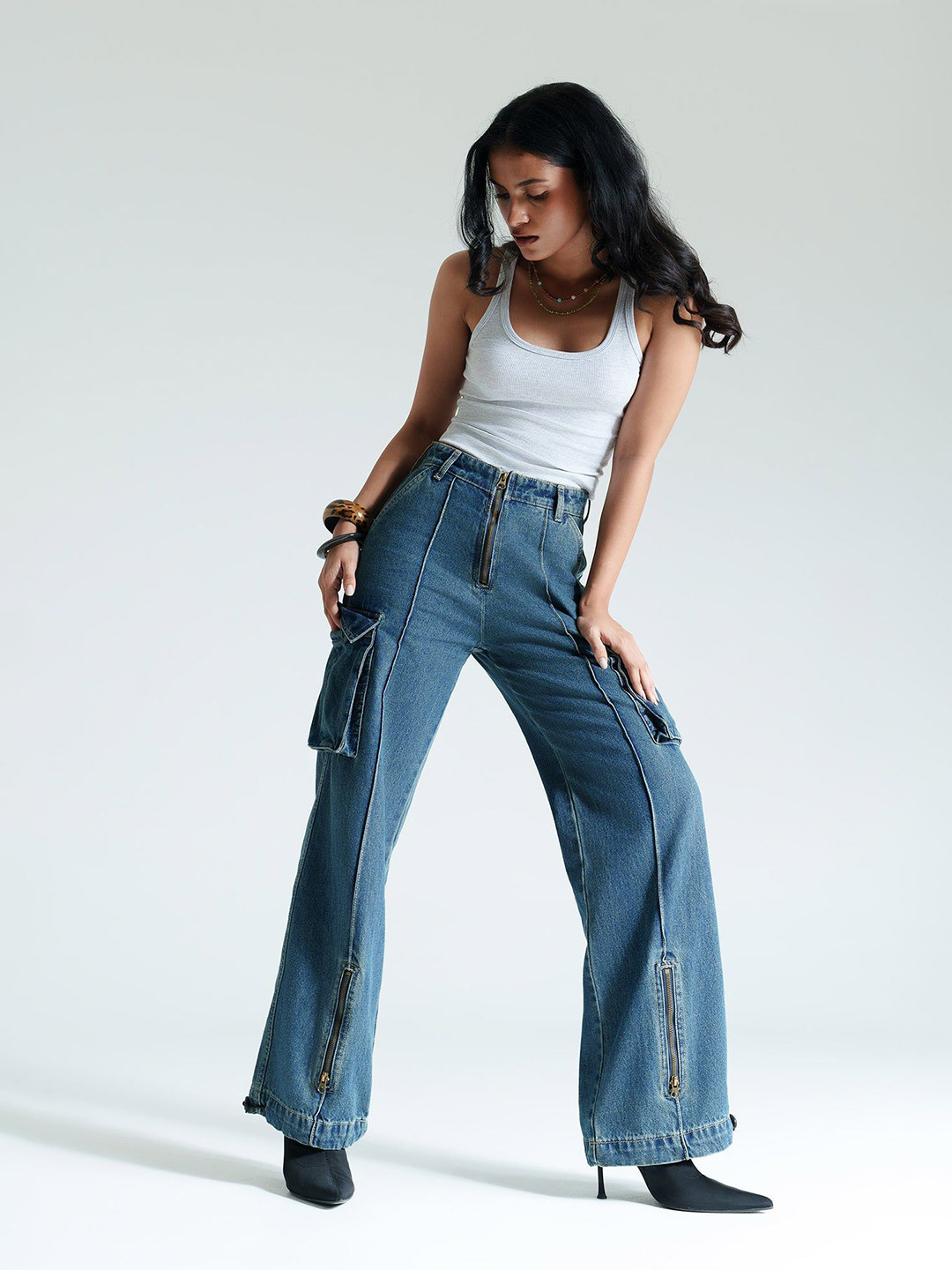 FREAKINS Indigo Pintuck Women Straight Fit High-Rise Cargo Jeans