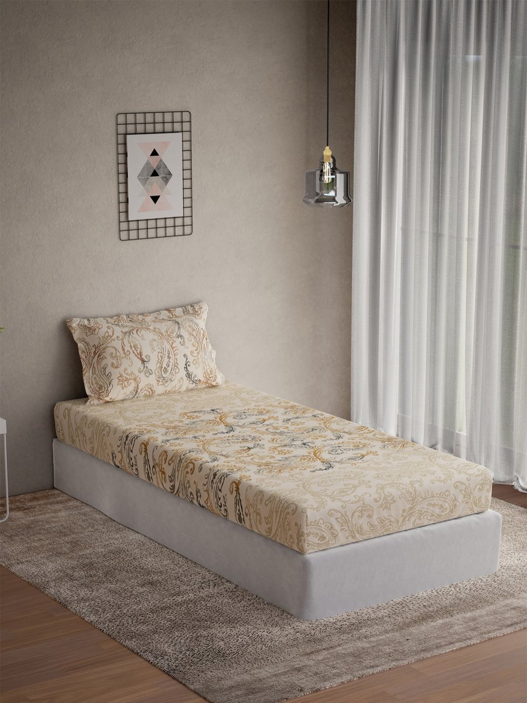 DDecor Vega Beige & Grey Printed Cotton 144 TC Single Bedsheet Set 2.24 m x 1.52 m