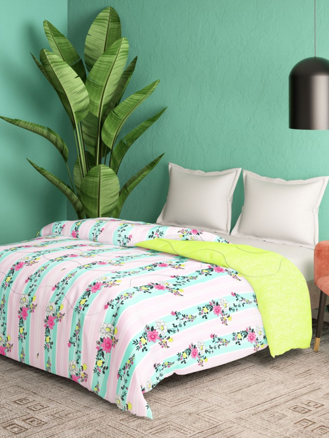 Portico Lime Green & White Floral AC Room 120 GSM Double Bed Comforter
