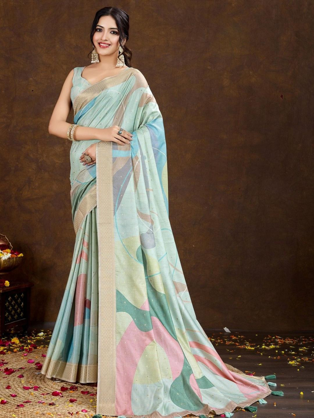HERE&NOW  Woven Design Zari Border Digital Printed Saree With Tasseles