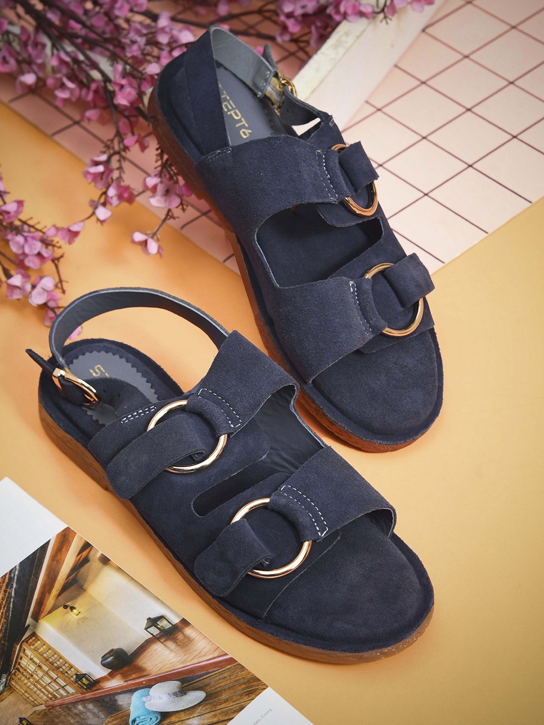 STEPT6 Women Double Buckle Casual Open Toe Flats
