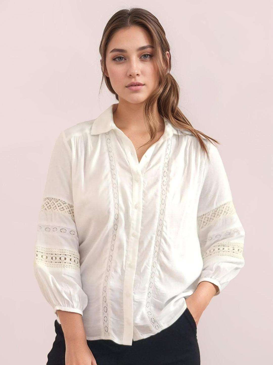 Zink London Spread Collar Lace Inserts Casual Shirt