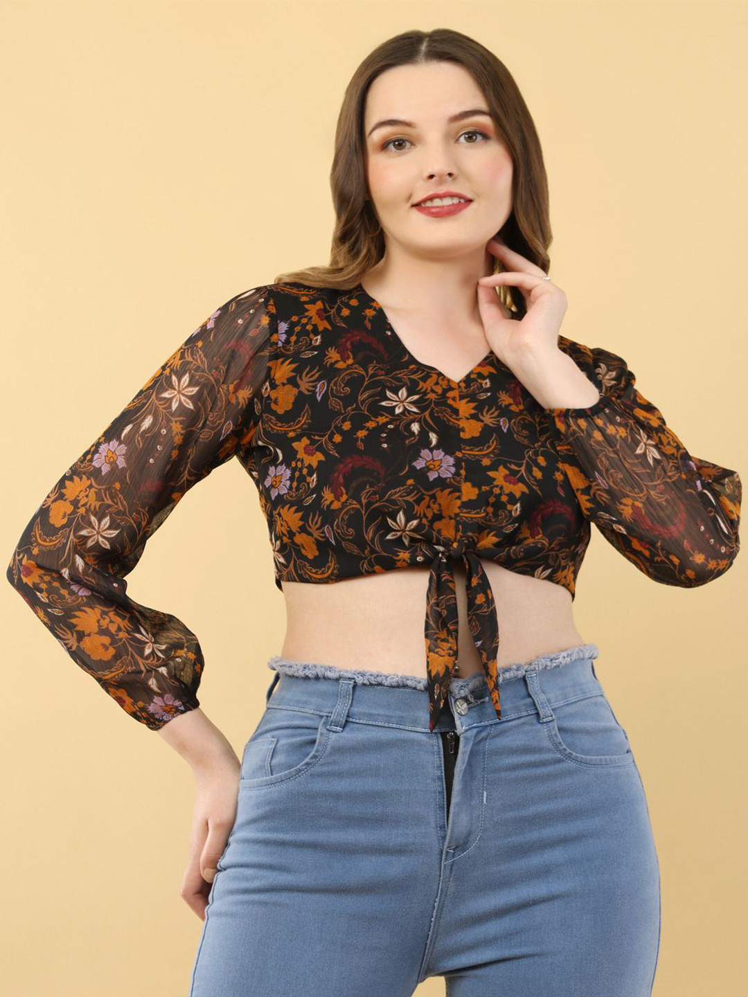 Ekika Women Ethnic Motifs Printed V-Neck Fitted Puff Sleeve Chiffon Crop Top