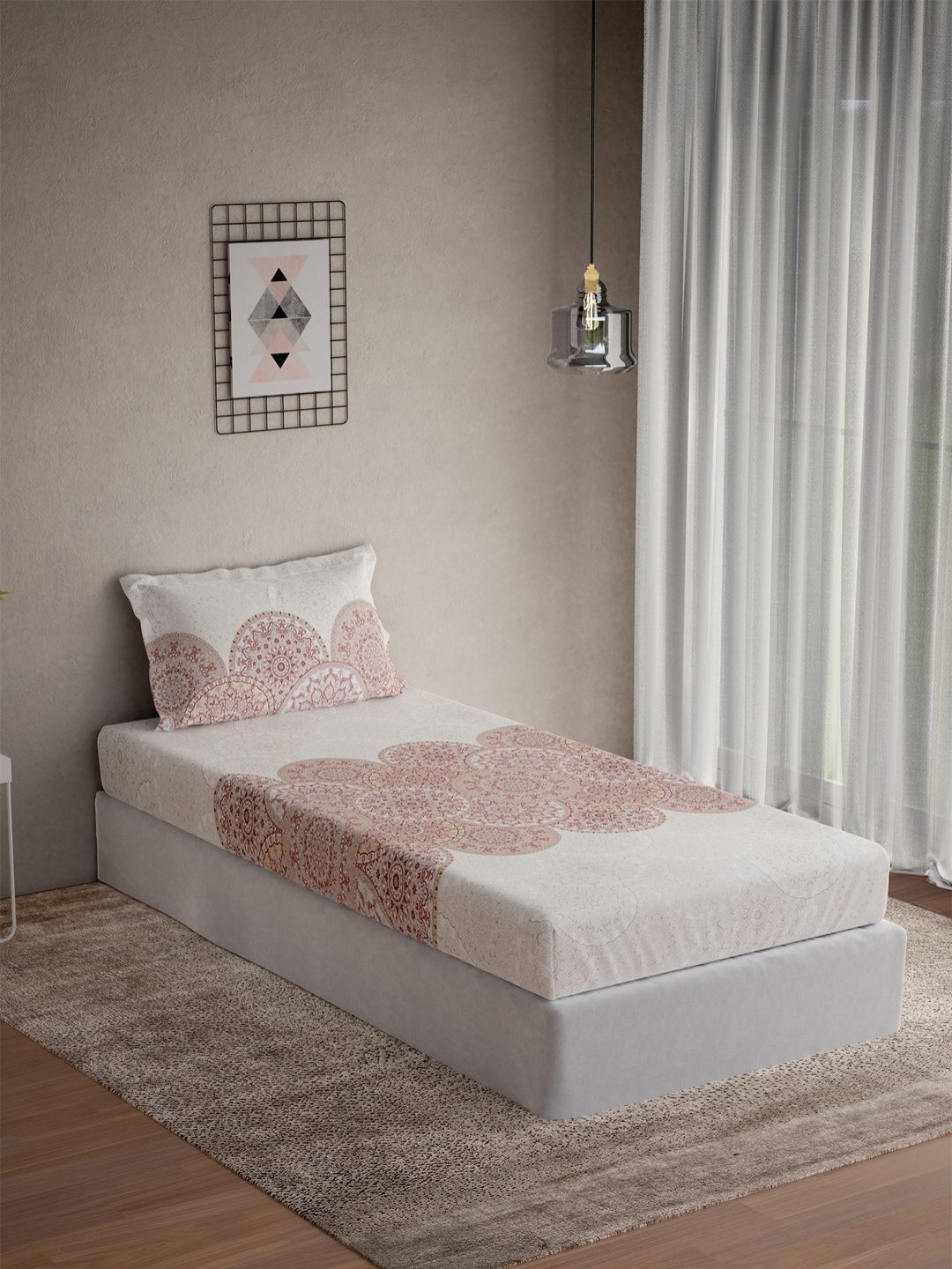 DDecor Vega Pink & White Printed Cotton 144 TC Single Bedsheet Set 2.24 m x 1.52 m