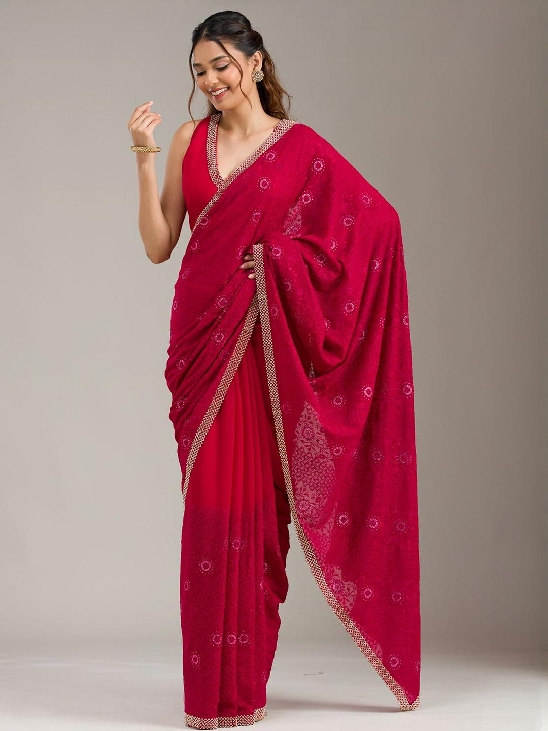 Koskii Floral Embroidered Beads and Strones Cording Chinon Saree with Blouse Piece