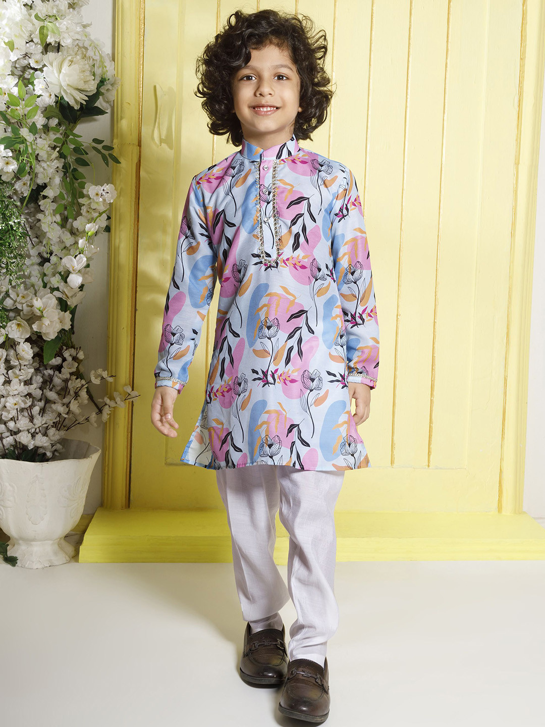 Ministitch Boys Floral Printed Mandarin Collar Cotton Silk Kurta With Pyjamas