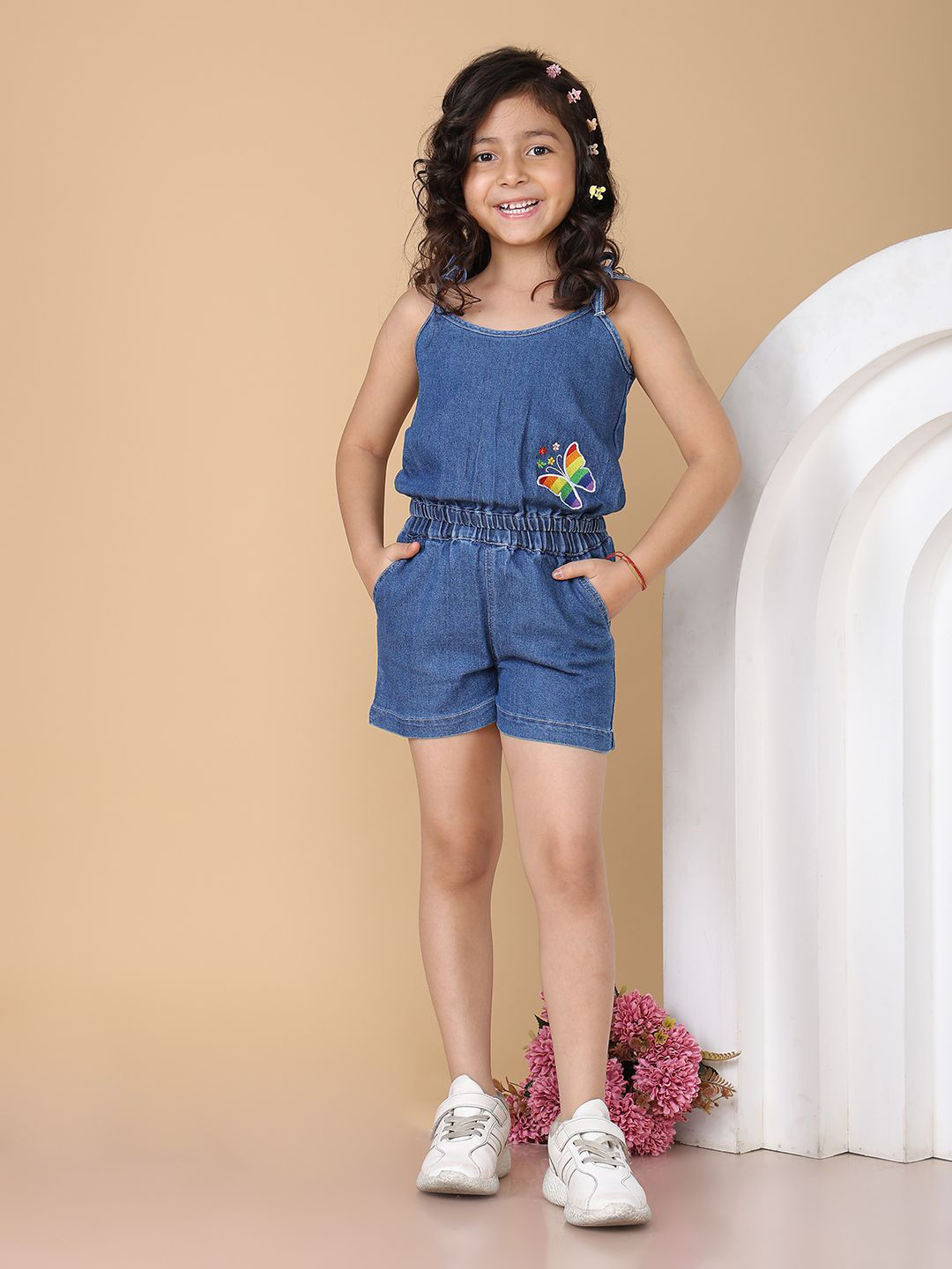 Superminis Girls Embroidered Shoulder Straps Denim Top WIth Shorts