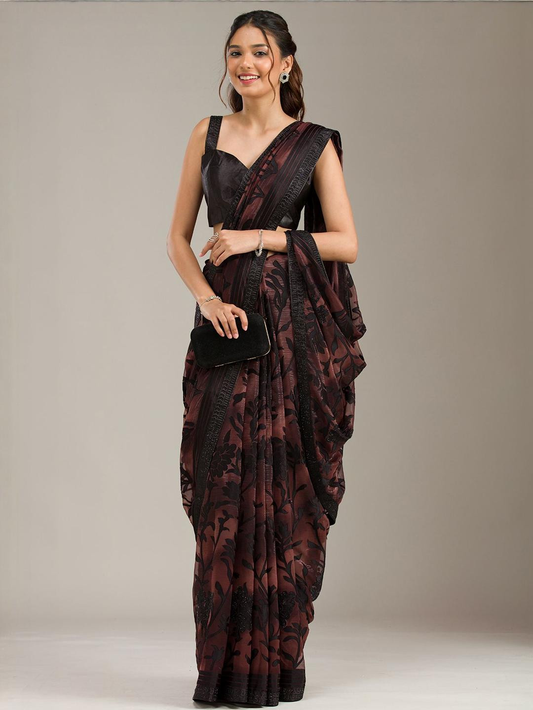 Koskii Brown Floral Printed Stonework Saree