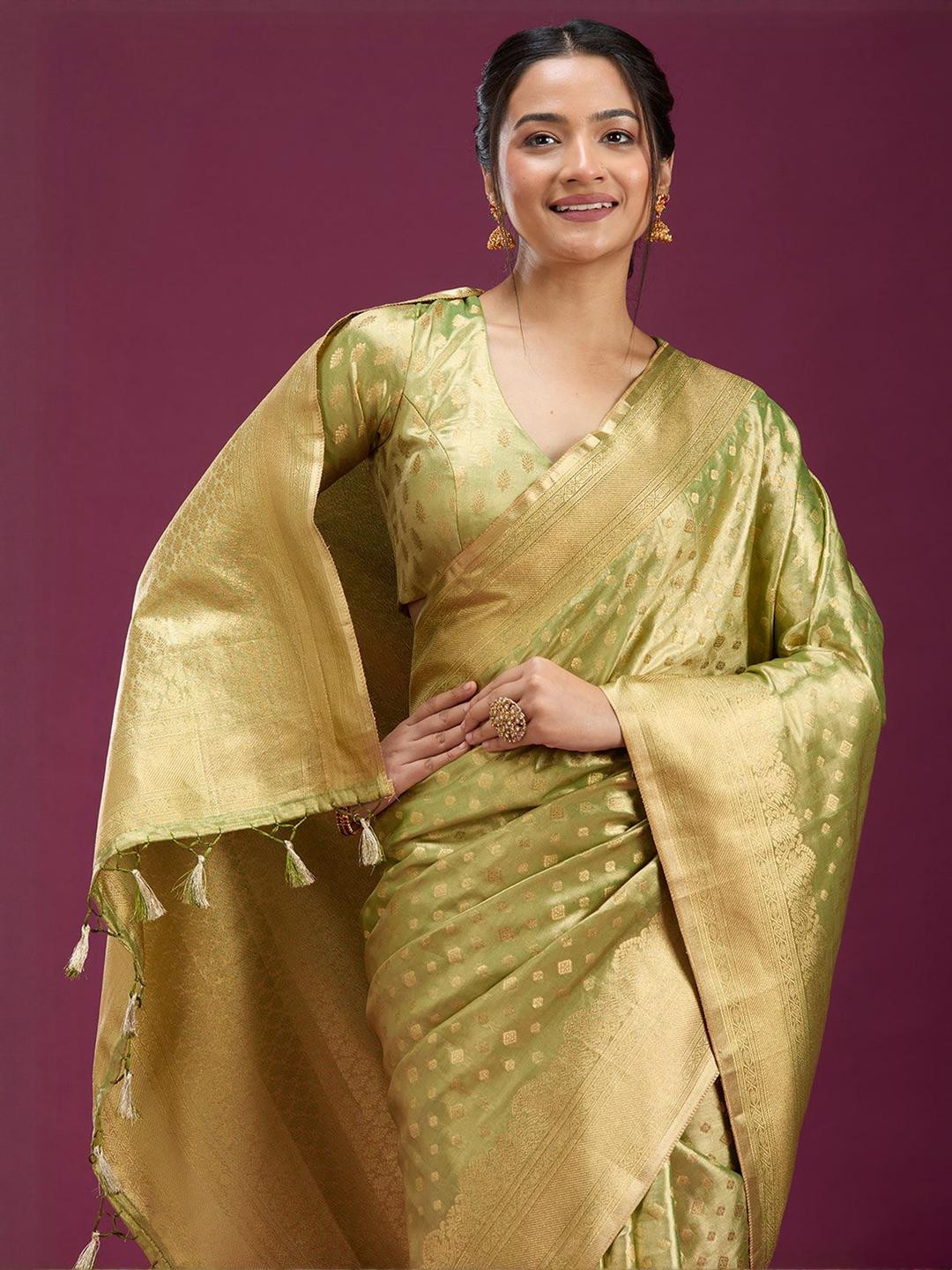 Koskii Pista Green Ethnic Motifs Woven Design Zari Silk Saree