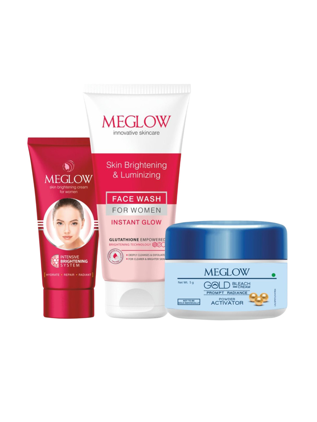 MEGLOW Set Of 3 Gold Bleach-50 g, Brightening Cream-50 g & Instant Glow Face Wash-70 g