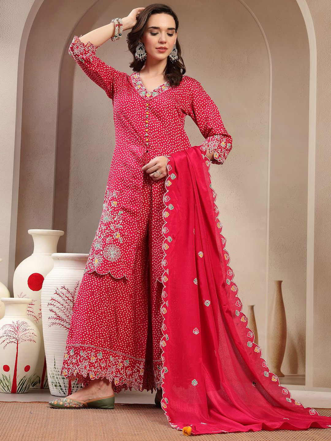 Ramas Women Embroidered Beads and Stones Kurta with Palazzos & Dupatta