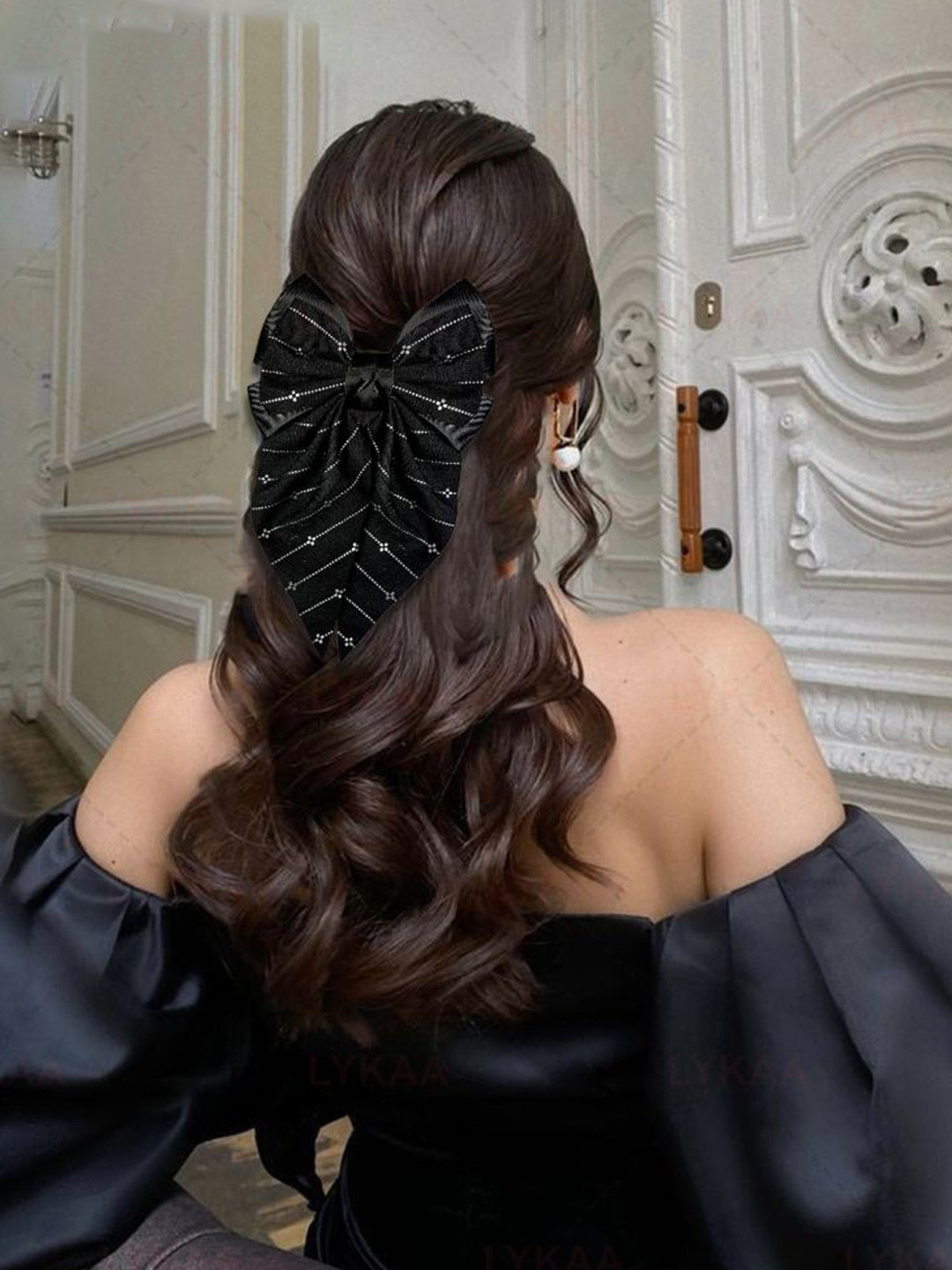 LYKAA Women Embellished Ribbon Bow Clips with Silver Linings Hair Accessory